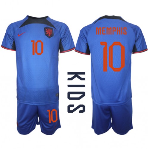 Echipament fotbal Olanda Memphis Depay #10 Tricou Deplasare Mondial 2022 pentru copii maneca scurta (+ Pantaloni scurti)